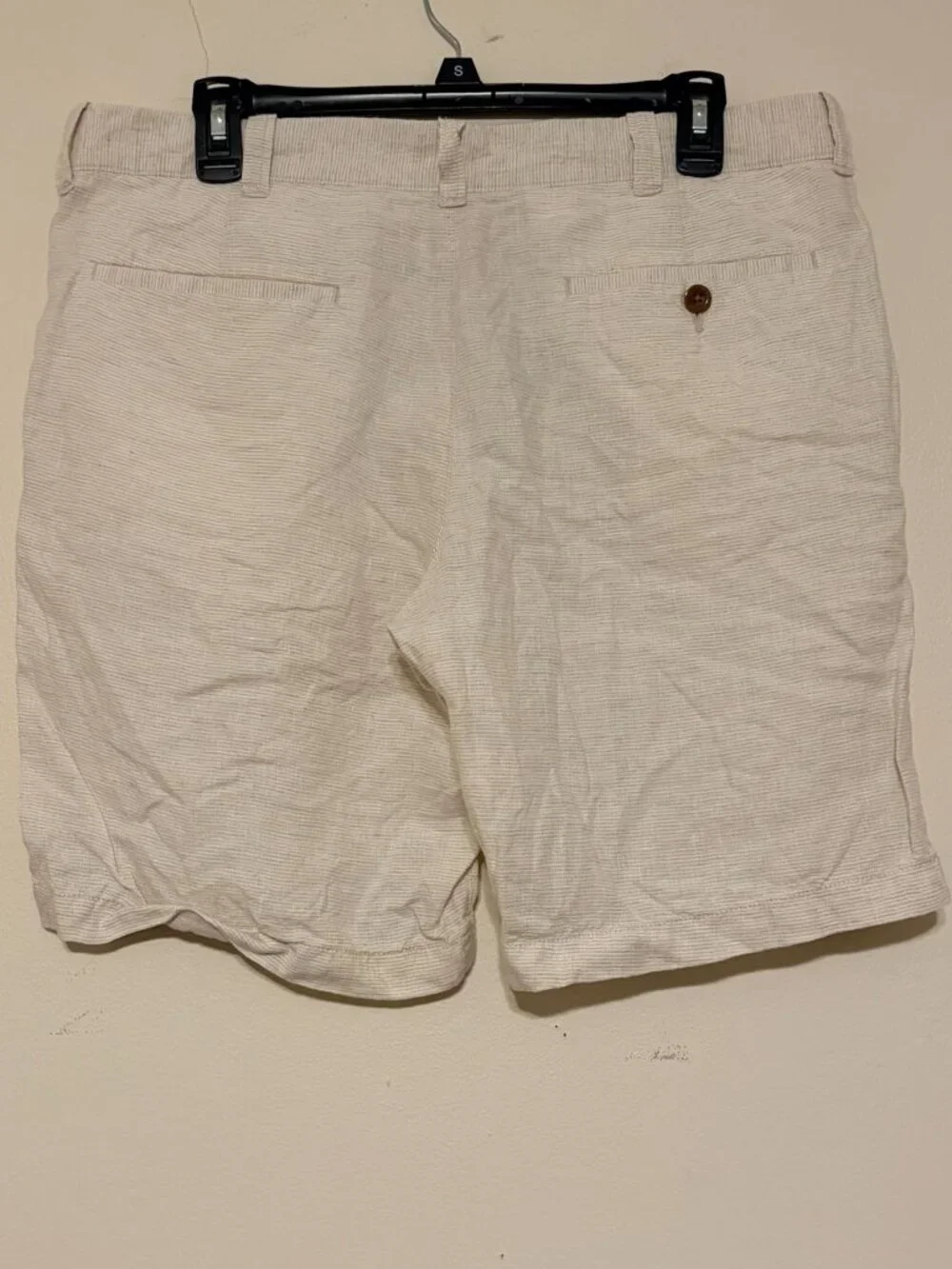 Men's J. Crew Ivory Beige Thin Stripe 100% Linen Flat Front Shorts 33 Waist